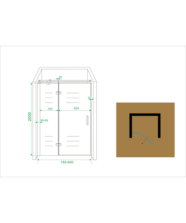 Wiesbaden Vaz nisdeur met vast deel 80 x 200 cm chroom - technische tekening | Schwertz & Co