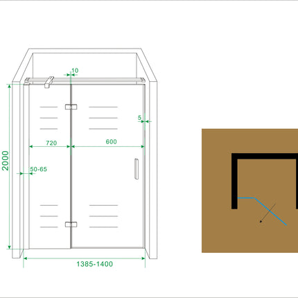 Wiesbaden Vaz nisdeur met vast deel 140 x 200 cm helder glas chroom - technische tekening | Schwertz & Co