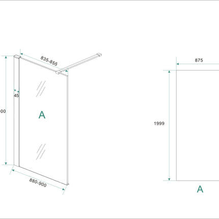 Wiesbaden Hibera inloopdouche 90 cm helder glas RVS - technische tekening | Schwertz & Co