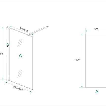 Wiesbaden Hibera inloopdouche 100 x 200 cm helder glas geborsteld rvs - technische tekening | Schwertz & Co