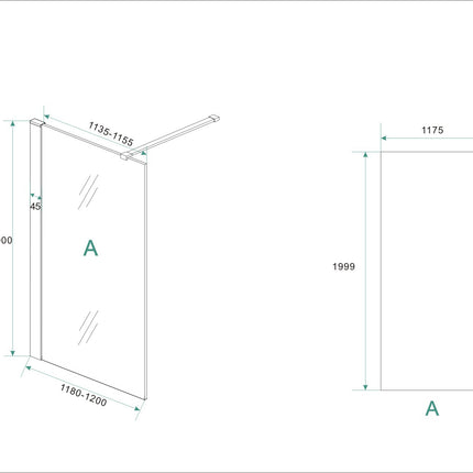 Wiesbaden Hibera inloopdouche 120 x 200 cm RVS - technische tekening | Schwertz & Co