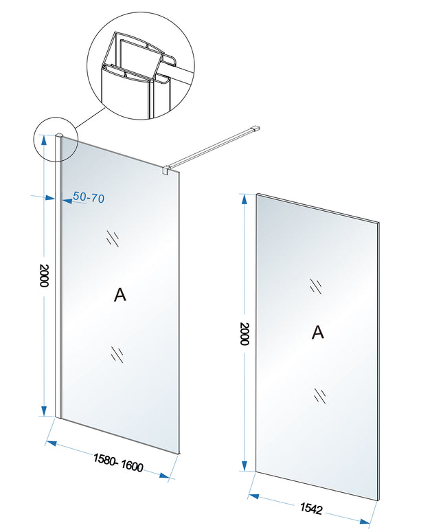 Wiesbaden Comfort inloopdouche 160 x 200 cm helder glas - technische tekening | Schwertz & Co