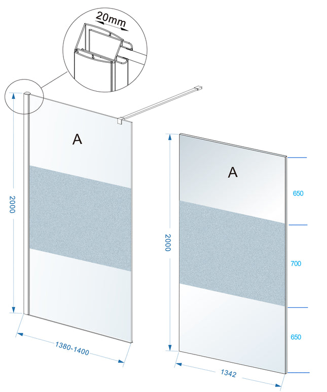 Wiesbaden Comfort inloopdouche 140 x 200 cm melkglas middenband - technische tekening | Schwertz & Co