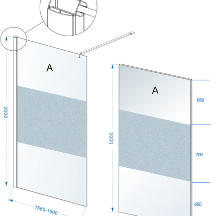 Wiesbaden Comfort inloopdouche 160 x 200 cm melkglas middenband - technische tekening | Schwertz & Co