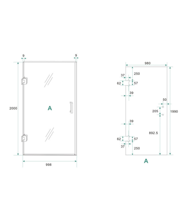 Wiesbaden Less glas voor nisdeur 100 x 200 cm helder glas - technische tekening | Schwertz & Co