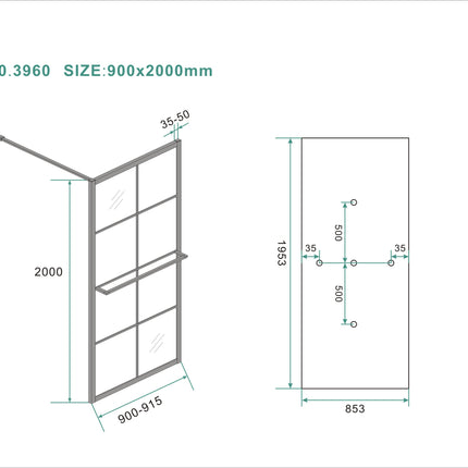 Wiesbaden Maaz inloopdouche met raster 90 x 200 cm mat zwart - technische tekening | Schwertz & Co