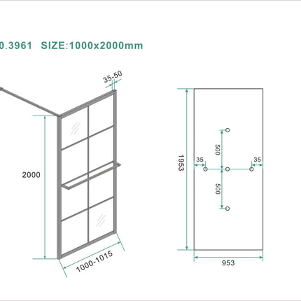 Wiesbaden Maaz inloopdouche met raster mat zwart - technische tekening | Schwertz & Co