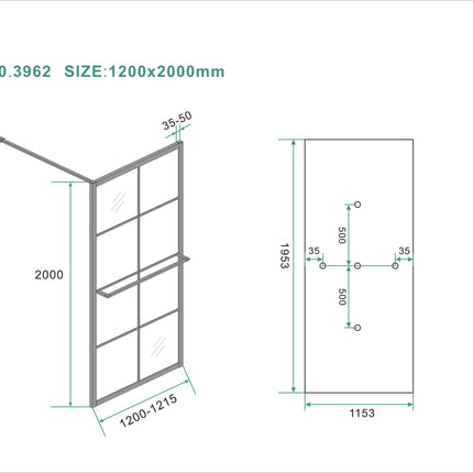 Wiesbaden Maaz inloopdouche met raster 120 x 200 cm mat zwart - technische tekening | Schwertz & Co