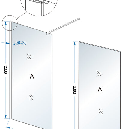 Wiesbaden Comfort inloopdouche 90 x 200 cm rookglas chroom - technische tekening | Schwertz & Co