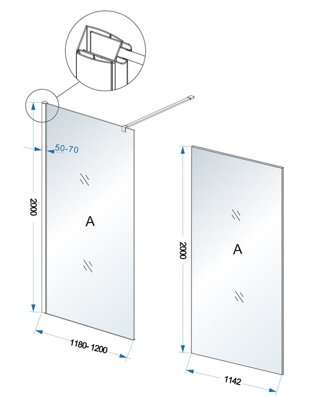 Wiesbaden Comfort inloopdouche 120 x 200 cm rookglas chroom - technische tekening | Schwertz & Co