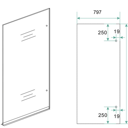 Wiesbaden Less glasplaat rechts 80 x 200 cm spiegelrook naar helder glas - technische tekening | Schwertz & Co