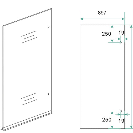 Wiesbaden Less glasplaat rechts 90 x 200 cm spiegelrook naar helder glas - technische tekening | Schwertz & Co