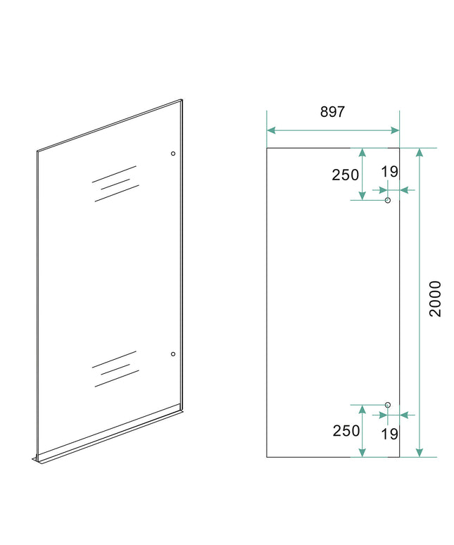 Wiesbaden Less glasplaat rechts 90 x 200 cm spiegelrook naar helder glas - technische tekening | Schwertz & Co