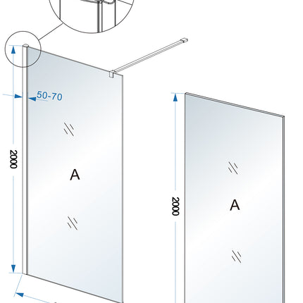 Wiesbaden Comfort inloopdouche 90 x 200 cm melkglas chroom - technische tekening | Schwertz & Co
