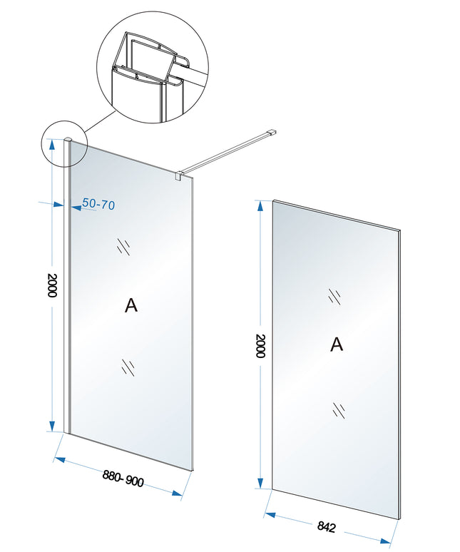 Wiesbaden Comfort inloopdouche 90 x 200 cm melkglas chroom - technische tekening | Schwertz & Co