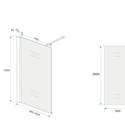 Wiesbaden Comfort inloopdouche 100 cm melkglas chroom - technische tekening | Schwertz & Co