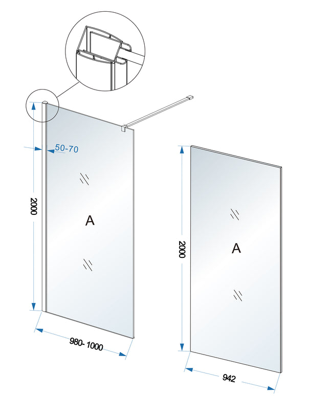Wiesbaden Comfort inloopdouche 100 cm melkglas chroom - detailfoto profiel | Schwertz & Co