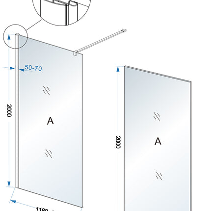 Wiesbaden Comfort inloopdouche 120 x 200 cm melkglas chroom - technische tekening | Schwertz & Co
