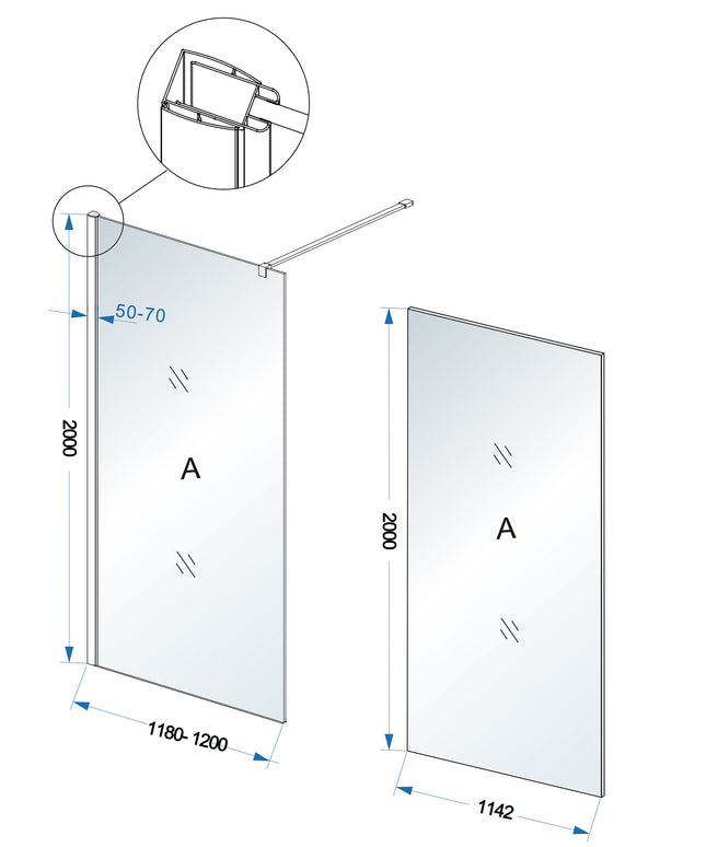 Wiesbaden Comfort inloopdouche 120 x 200 cm melkglas chroom - technische tekening | Schwertz & Co