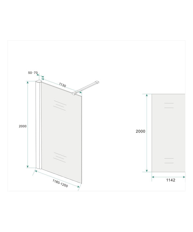 Wiesbaden Comfort inloopdouche 120 x 200 cm melkglas chroom - technische tekening maatvoering | Schwertz & Co
