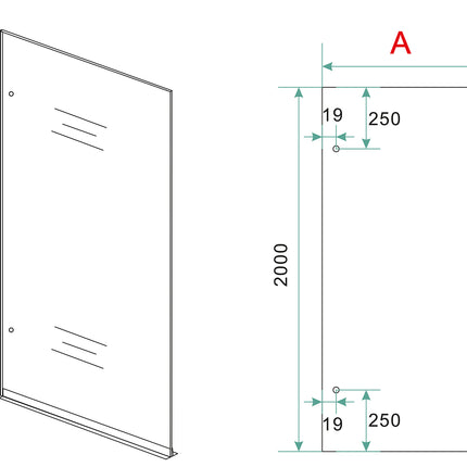 Wiesbaden Less glasplaat 60 x 200 cm helder glas - technische tekening | Schwertz & Co
