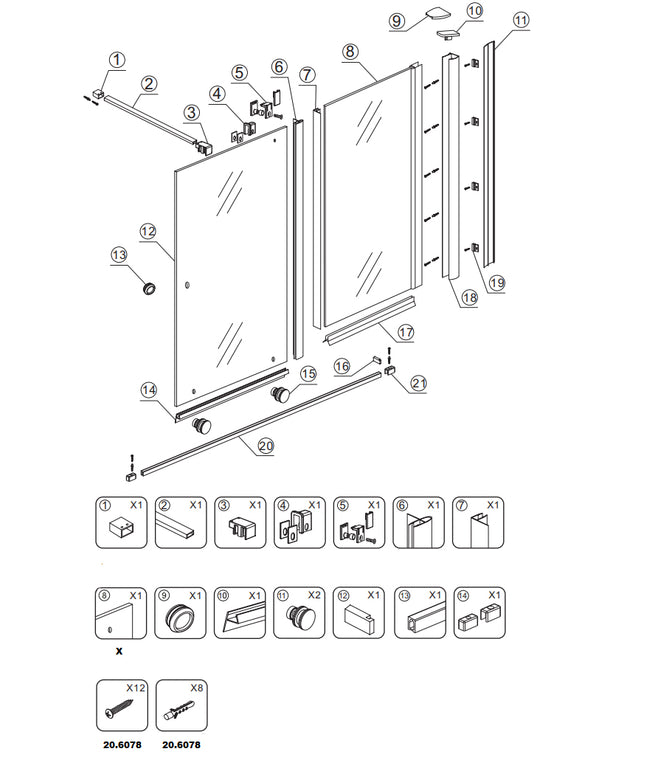 Wiesbaden - Douchewand - Rolso verleng inloopdouche 1000 x 2000 x 10 mm helder glas/chroom - technische tekening