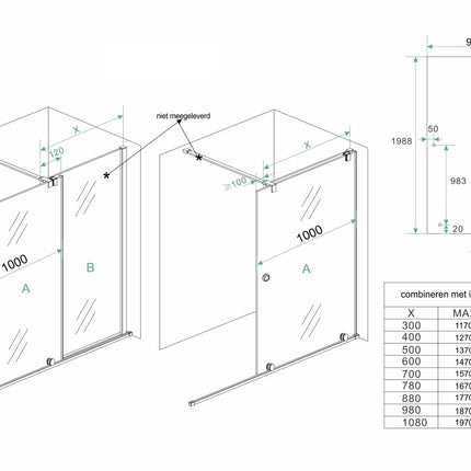 Wiesbaden Rolso verleng inloopdouche 100 x 200 cm helder glas chroom - technische tekening | Schwertz & Co