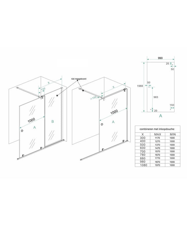 Wiesbaden Rolso verleng inloopdouche 100 x 200 cm helder glas chroom - technische tekening | Schwertz & Co