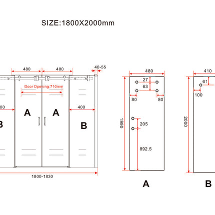Wiesbaden Slide nis schuifdeur dubbel 180 x 200 cm chroom - technische tekening | Schwertz & Co