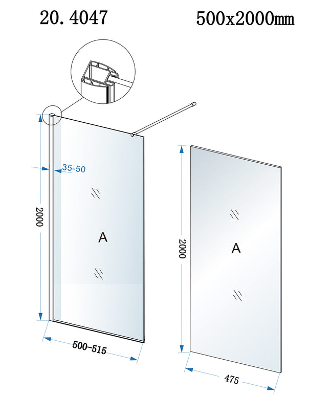 Xellanz Eco inloopdouche 50 x 200 cm chroom - technische tekening | Schwertz & Co
