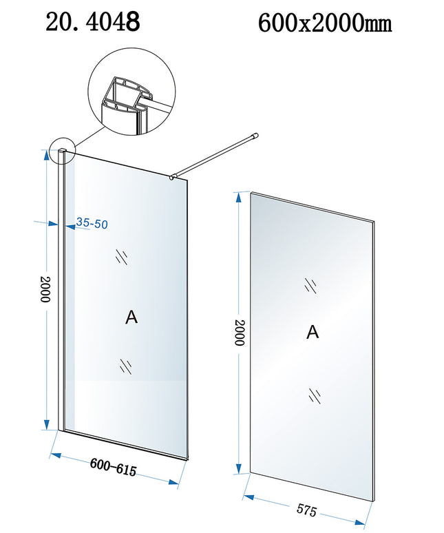 Xellanz Eco inloopdouche 60 x 200 cm chroom - technische tekening | Schwertz & Co