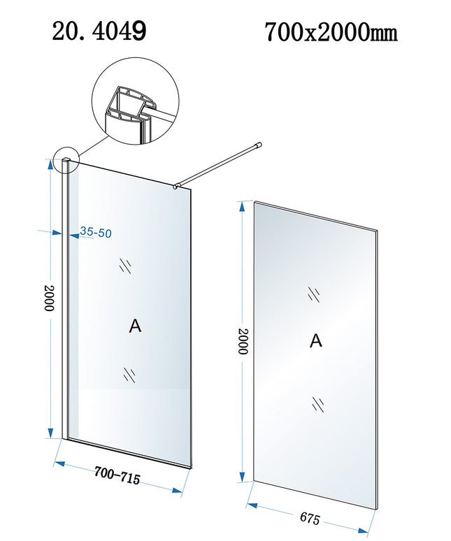 Xellanz Eco inloopdouche 70 x 200 cm chroom - technische tekening | Schwertz & Co