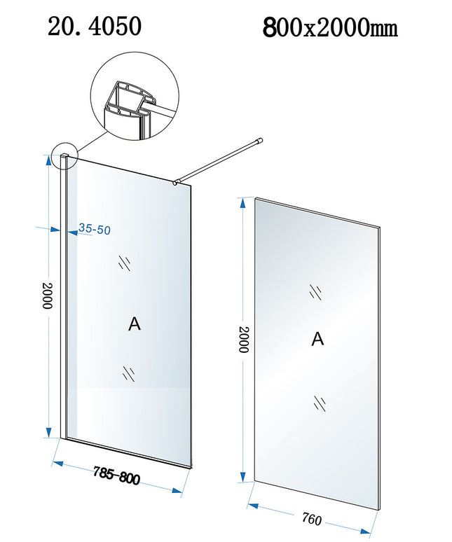 Xellanz Eco inloopdouche 80 x 200 cm chroom - technische tekening | Schwertz & Co