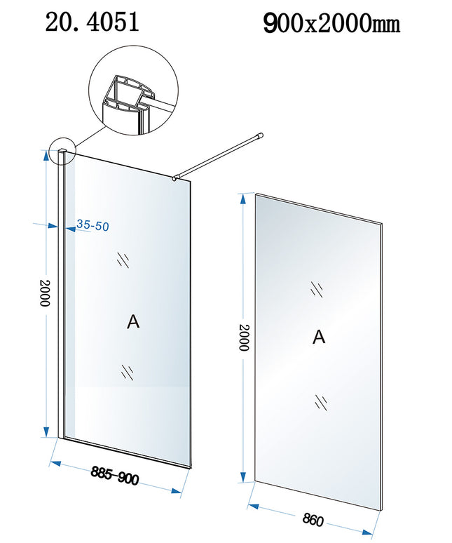 Xellanz Eco inloopdouche 90 x 200 cm - technische tekening | Schwertz & Co