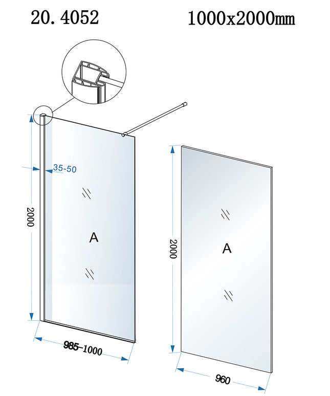 Xellanz Eco inloopdouche 100 x 200 cm - technische tekening | Schwertz & Co
