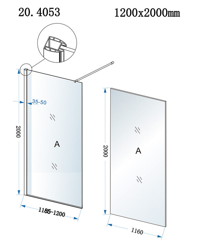 Xellanz Eco inloopdouche 120 x 200 cm - technische tekening | Schwertz & Co
