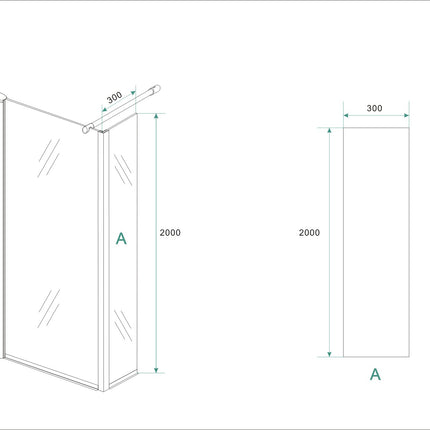Xellanz Eco zijwand met hoekprofiel 30 x 200 cm helder glas chroom - technische tekening | Schwertz & Co