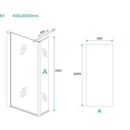 Xellanz Eco zijwand met hoekprofiel 40 x 200 cm helder glas chroom - technische tekening | Schwertz & Co