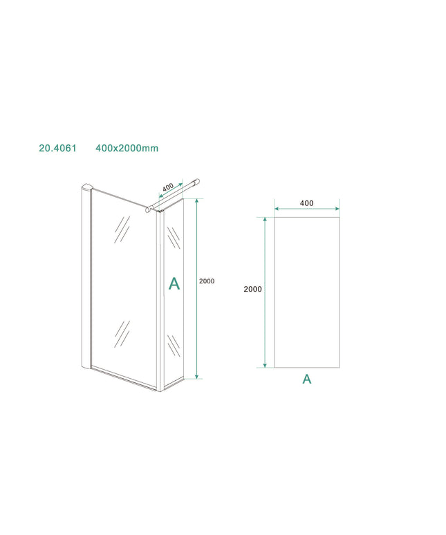 Xellanz Eco zijwand met hoekprofiel 40 x 200 cm helder glas chroom - technische tekening | Schwertz & Co