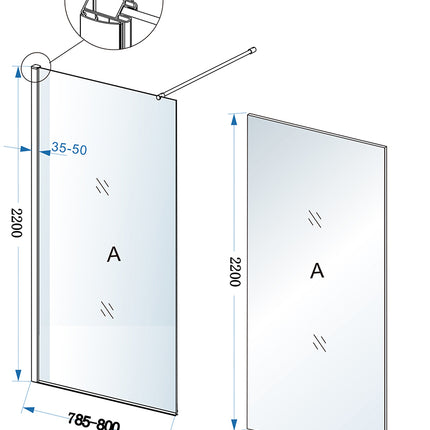 Xellanz Eco inloopdouche 80 x 220 cm - technische tekening | Schwertz & Co