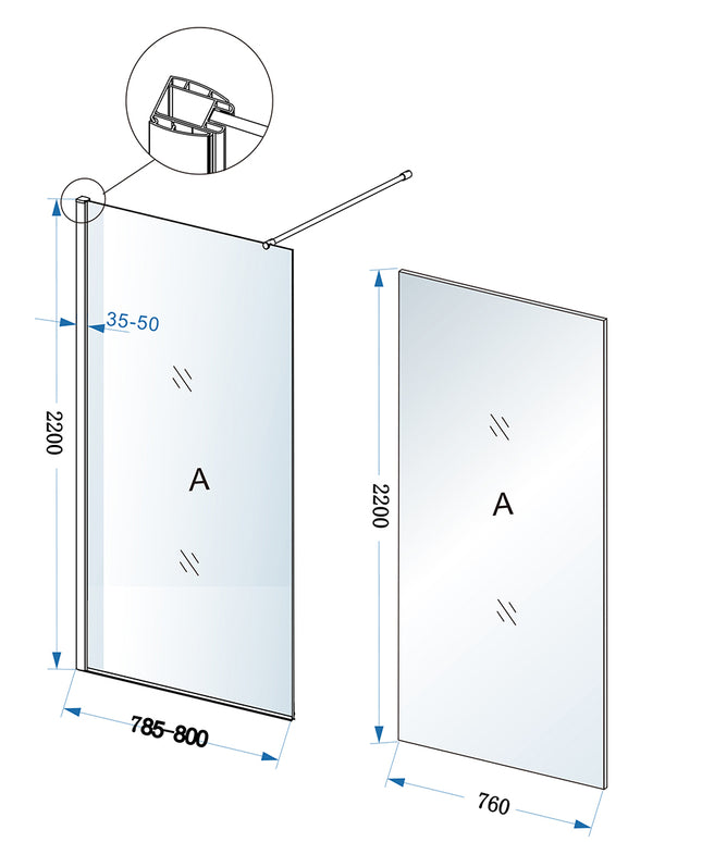 Xellanz Eco inloopdouche 80 x 220 cm - technische tekening | Schwertz & Co
