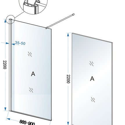 Xellanz Eco inloopdouche 90 x 220 cm - technische tekening | Schwertz & Co