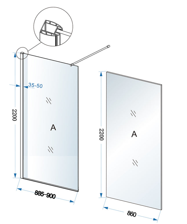 Xellanz Eco inloopdouche 90 x 220 cm - technische tekening | Schwertz & Co