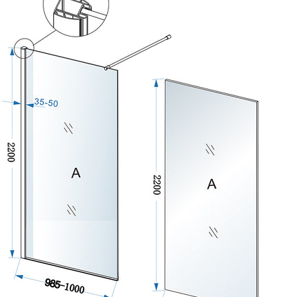 Xellanz Eco inloopdouche 100 x 220 cm - technische tekening | Schwertz & Co