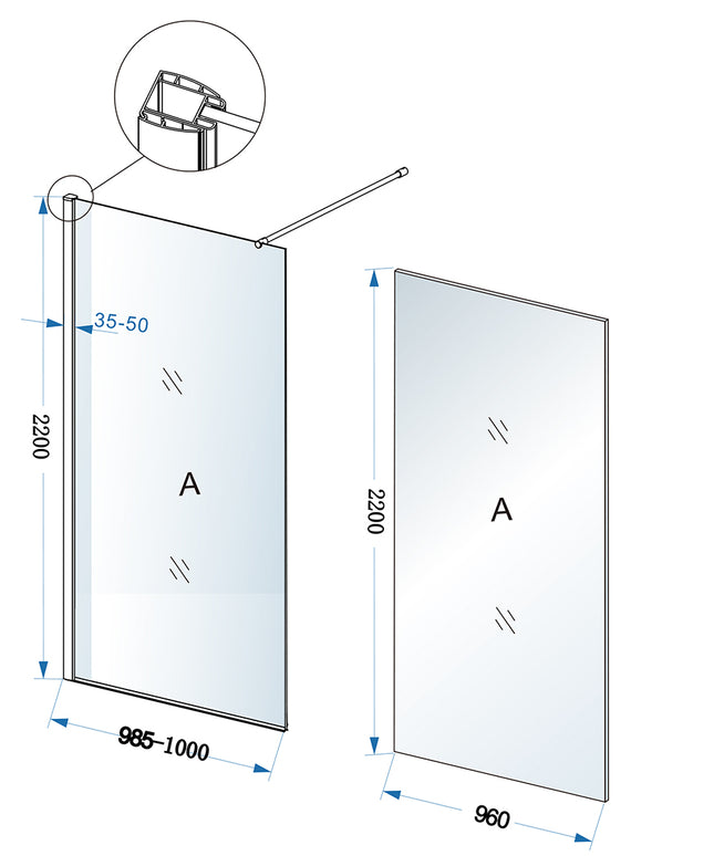 Xellanz Eco inloopdouche 100 x 220 cm - technische tekening | Schwertz & Co