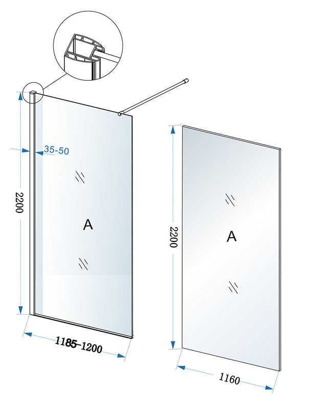 Xellanz Eco inloopdouche 120 x 220 cm - technische tekening | Schwertz & Co