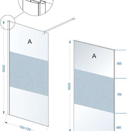 Wiesbaden Comfort inloopdouche 70 x 200 cm melkglas middenband chroom - technische tekening | Schwertz & Co