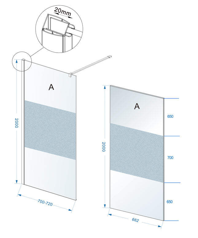 Wiesbaden Comfort inloopdouche 70 x 200 cm melkglas middenband chroom - technische tekening | Schwertz & Co