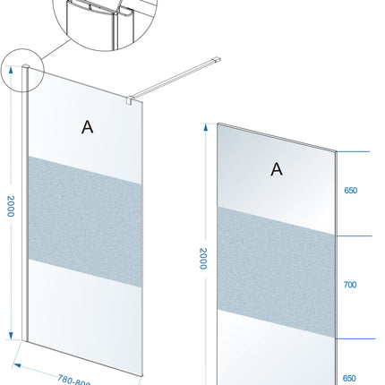 Wiesbaden Comfort inloopdouche 80 x 200 cm melkglas middenband chroom - technische tekening | Schwertz & Co
