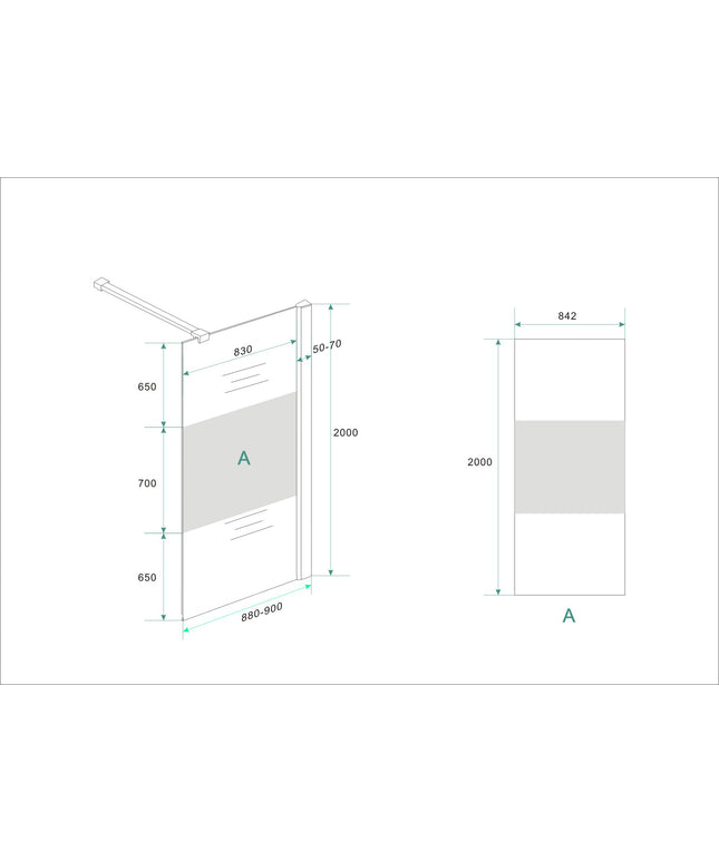 Wiesbaden Comfort inloopdouche 90 x 200 cm helder glas met melkglas middenband chroom - technische tekening 2 | Schwertz & Co